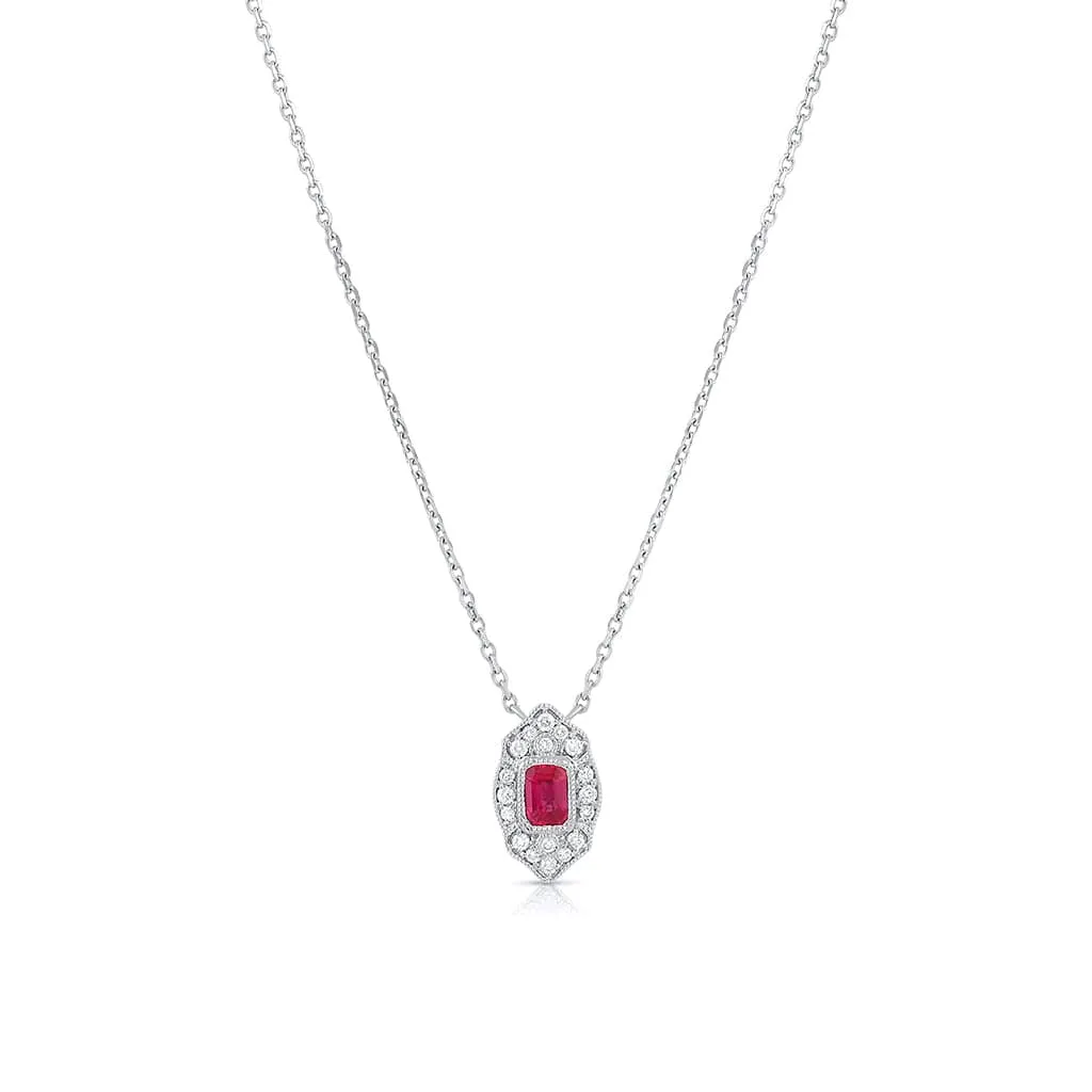 14K White Gold Ruby Diamond Art Deco Design Pendant Necklace