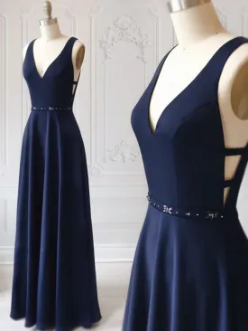 A Line V Neck Dark Navy Blue Long Prom with Beading Belt, Dark Navy Blue Formal, Evening