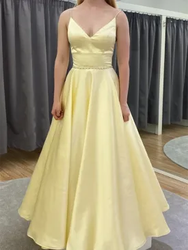 A Line V Neck Yellow Satin Long Prom Dresses, A Line V Neck Yellow Satin Long Formal Evening Dresses