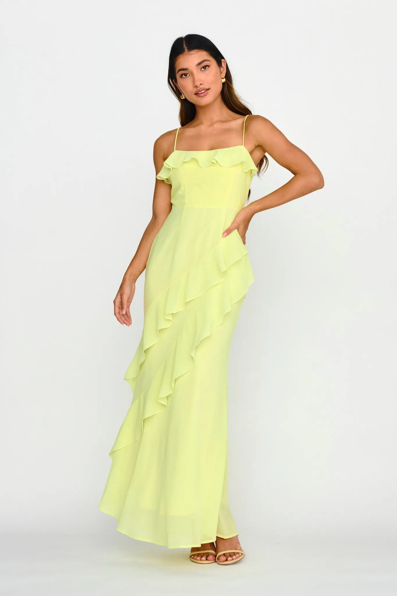 Actual Sunshine Ruffle Trim Maxi Dress Lime