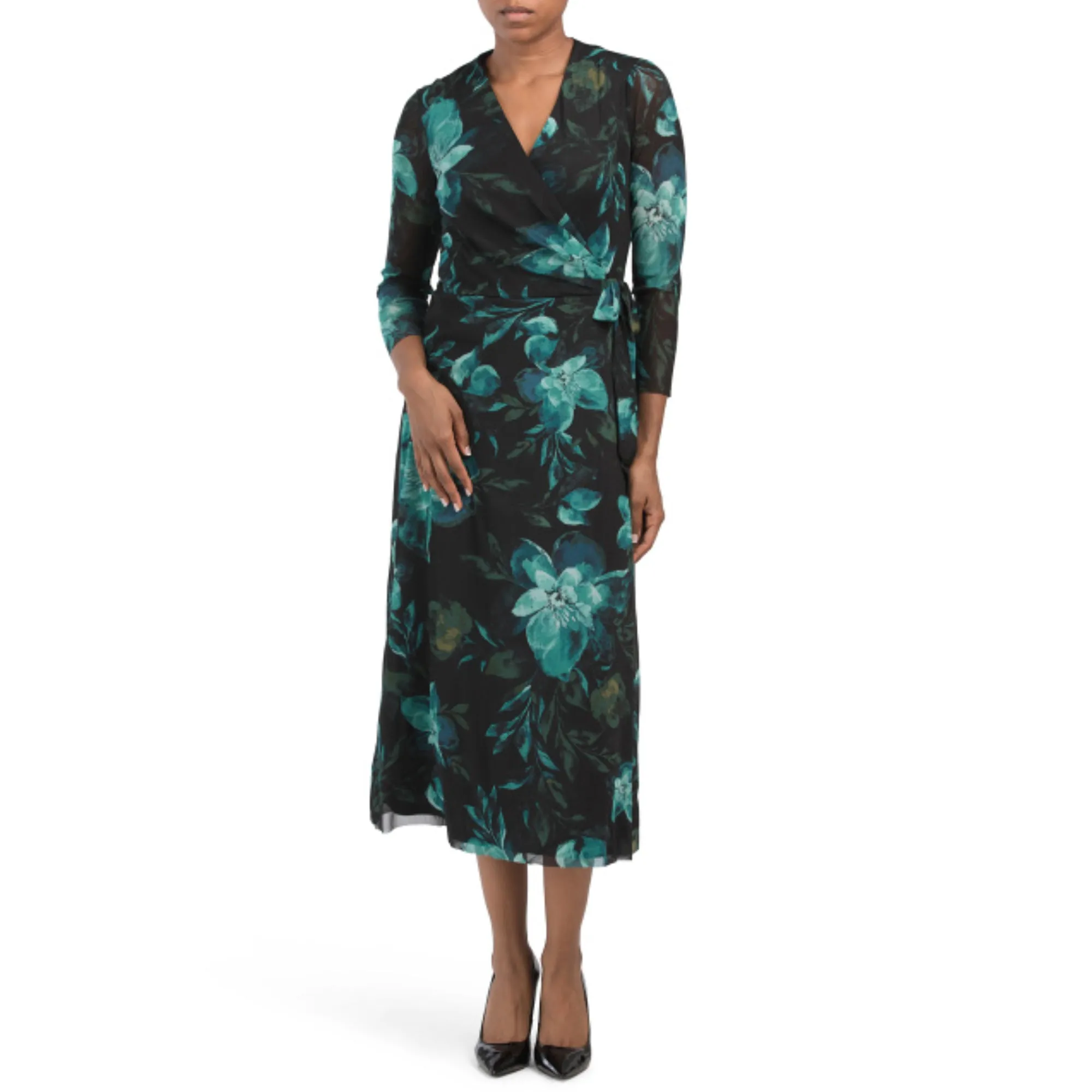 Anne Klein Women's Long Sleeve Floral Print Tie Waist Wrap Midi Dress