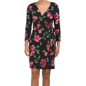 Anne Klein Women's Roses Floral Print Long Sleeve Wrap Mini Dress