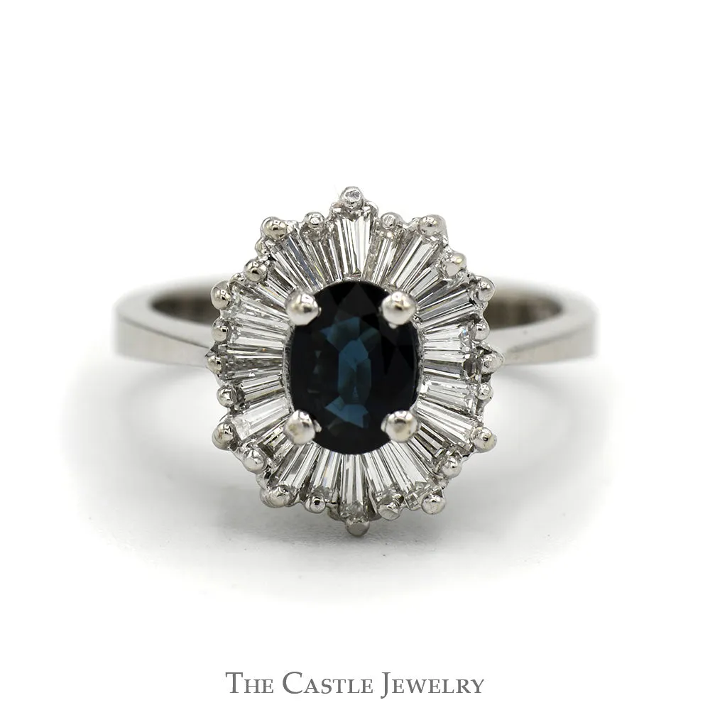 Ballerina Ring With Oval Cut Sapphire Surrounded By A Halo Of Tapered Baguette Cut Diamonds .50cttw In 14KT White Gold