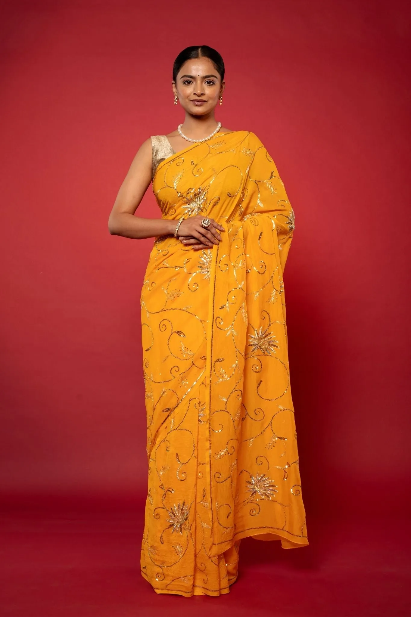 Basant Yellow Pure Chiffon Saree