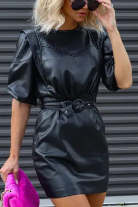 Beyond Fabulous Belted Faux Leather Mini Dress