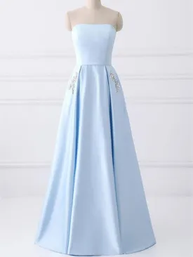 Blue  A-line Strapless Simple Long Prom Dresses with rhinestones pockets , Blue Strapless formal evening dresses