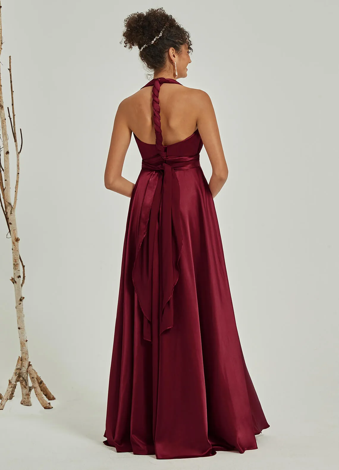 Burgundy Satin Convertible Bridesmaid Dress Multi Way Wrap A-Line Gown