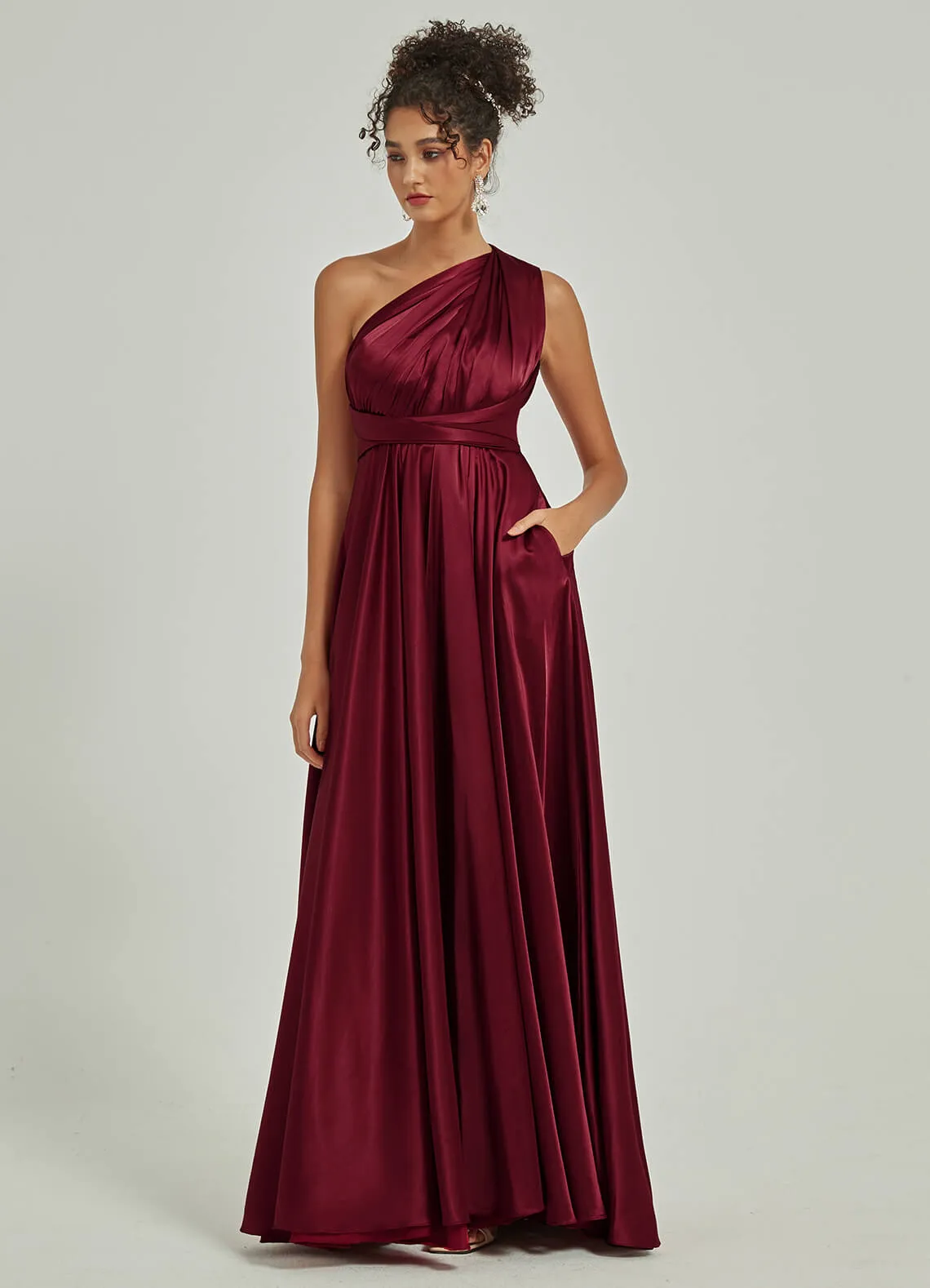 Burgundy Satin Convertible Bridesmaid Dress Multi Way Wrap A-Line Gown