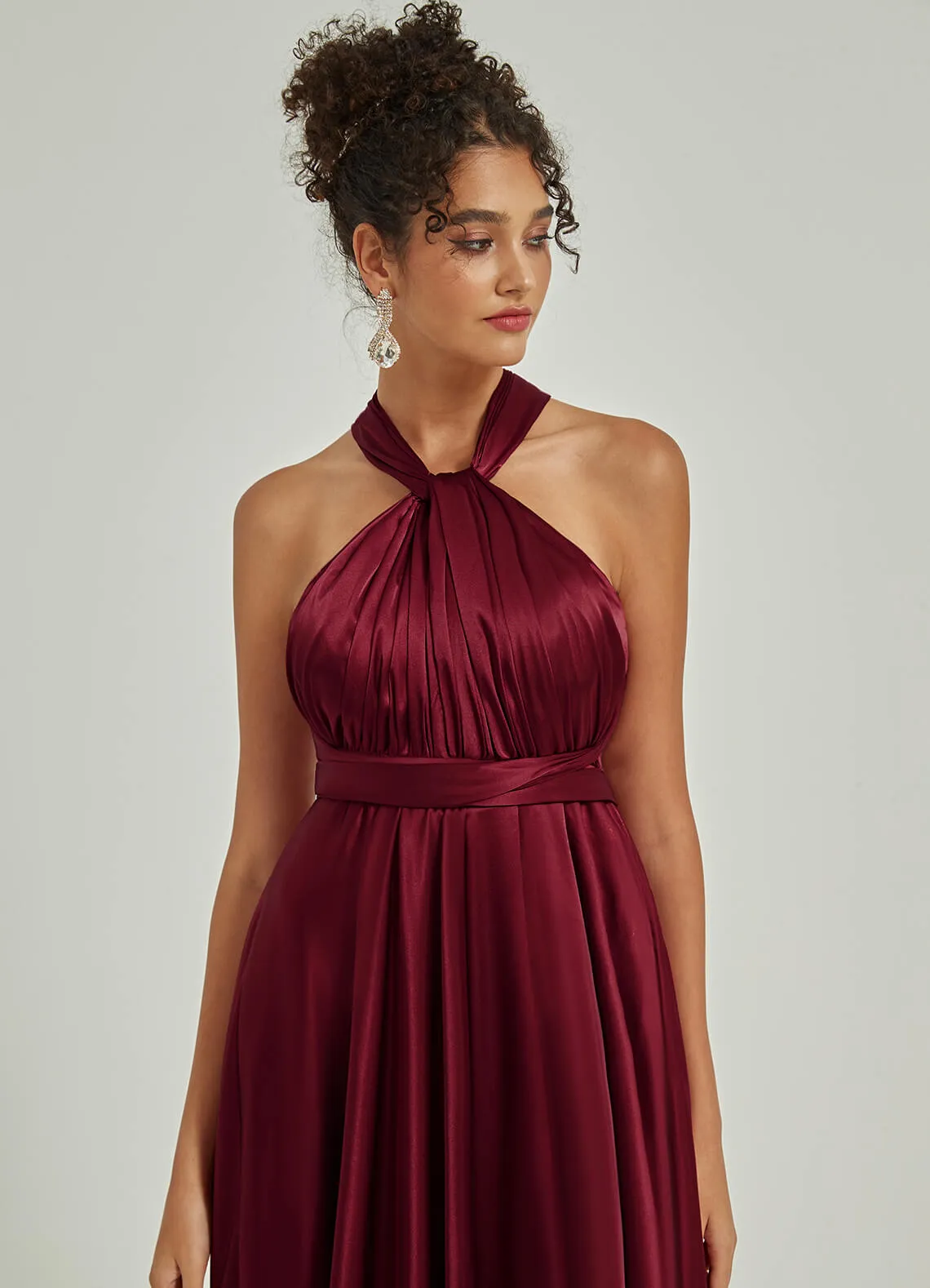 Burgundy Satin Convertible Bridesmaid Dress Multi Way Wrap A-Line Gown