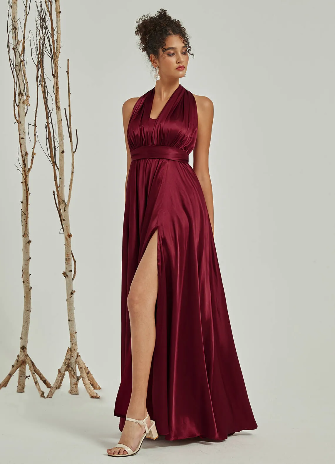 Burgundy Satin Convertible Bridesmaid Dress Multi Way Wrap A-Line Gown