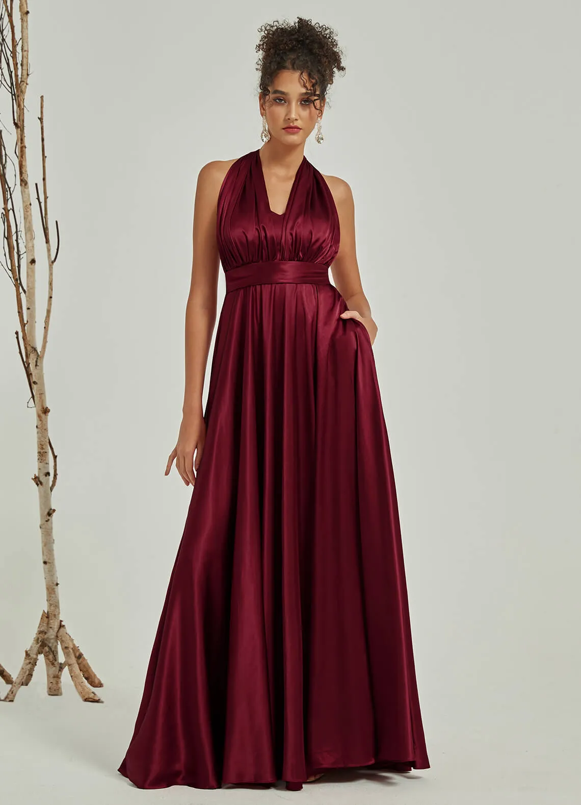 Burgundy Satin Convertible Bridesmaid Dress Multi Way Wrap A-Line Gown