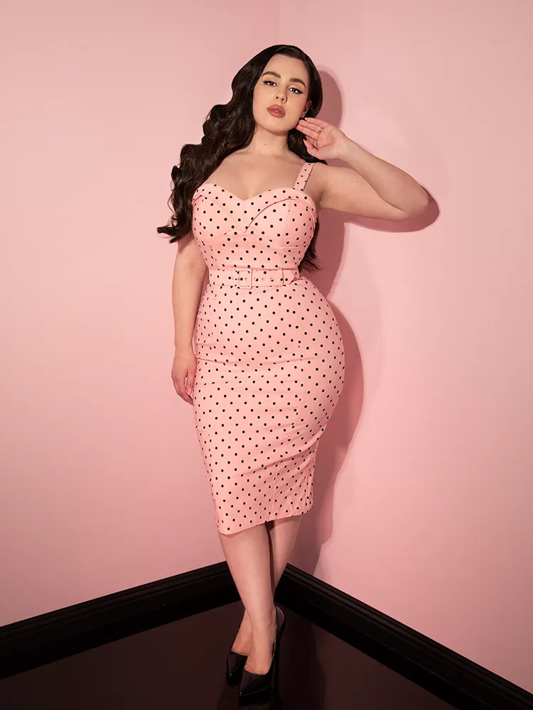 COMING BACK SOON - Maneater Wiggle Dress in Rose Pink Polka Dot - Vixen by Micheline Pitt