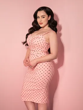 COMING BACK SOON - Maneater Wiggle Dress in Rose Pink Polka Dot - Vixen by Micheline Pitt