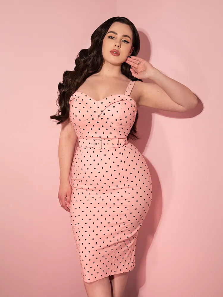 COMING BACK SOON - Maneater Wiggle Dress in Rose Pink Polka Dot - Vixen by Micheline Pitt