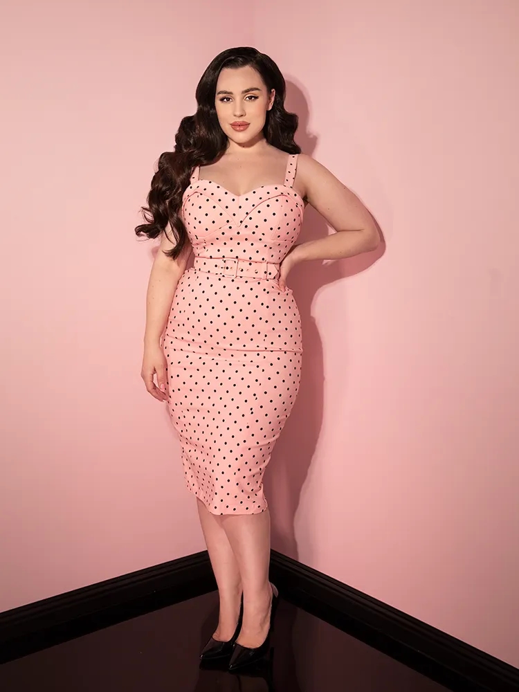 COMING BACK SOON - Maneater Wiggle Dress in Rose Pink Polka Dot - Vixen by Micheline Pitt