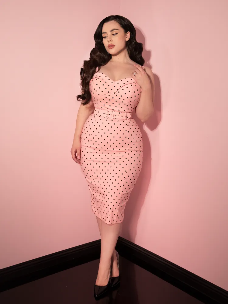 COMING BACK SOON - Maneater Wiggle Dress in Rose Pink Polka Dot - Vixen by Micheline Pitt