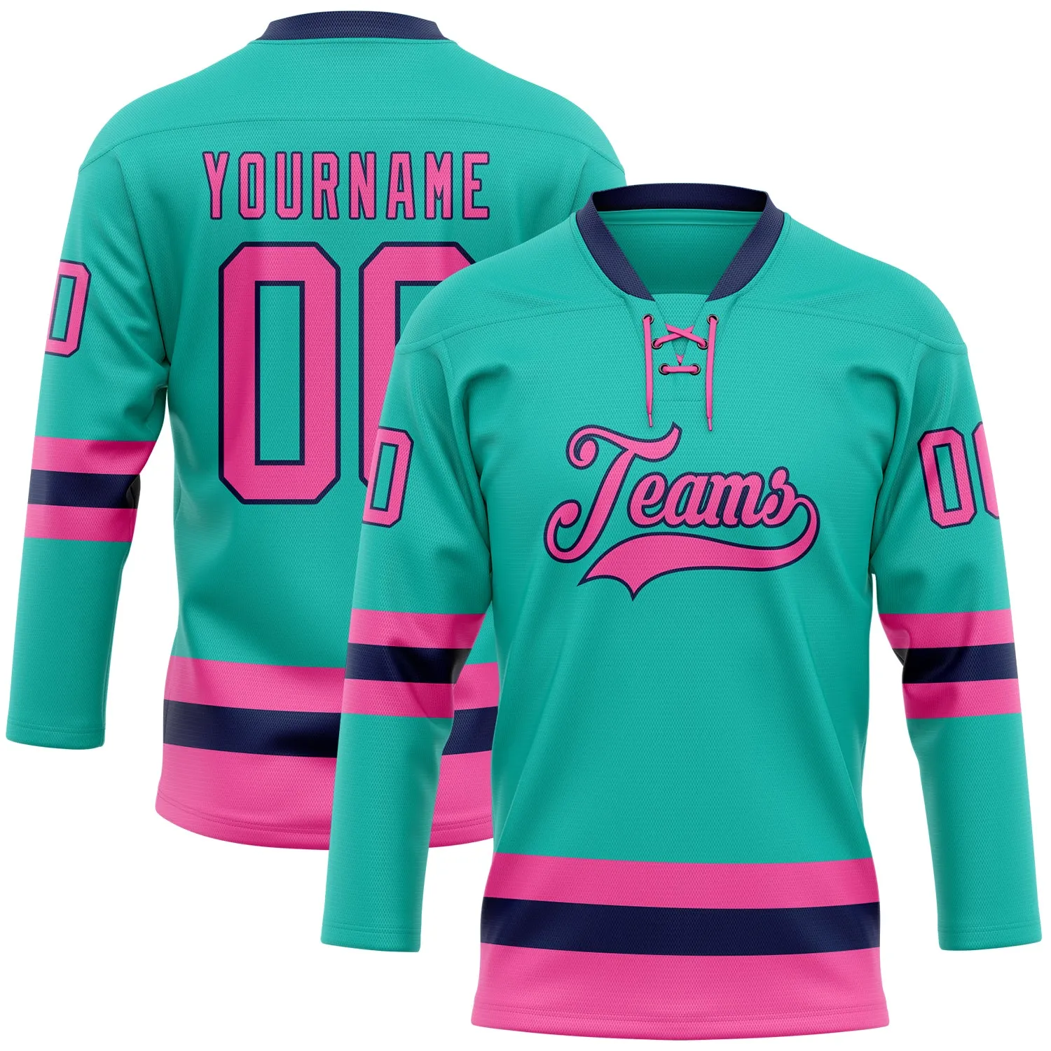 Custom Aqua Pink-Navy Hockey Lace Neck Jersey