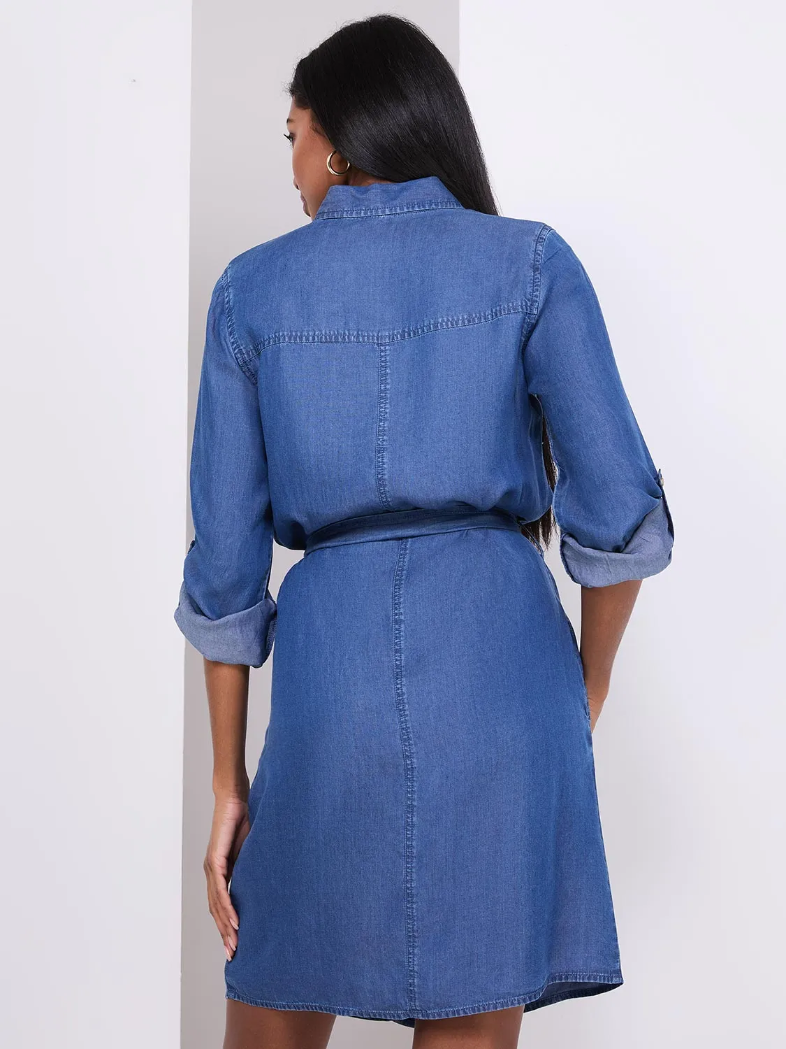 Denim Button-Front Dress With Pockets