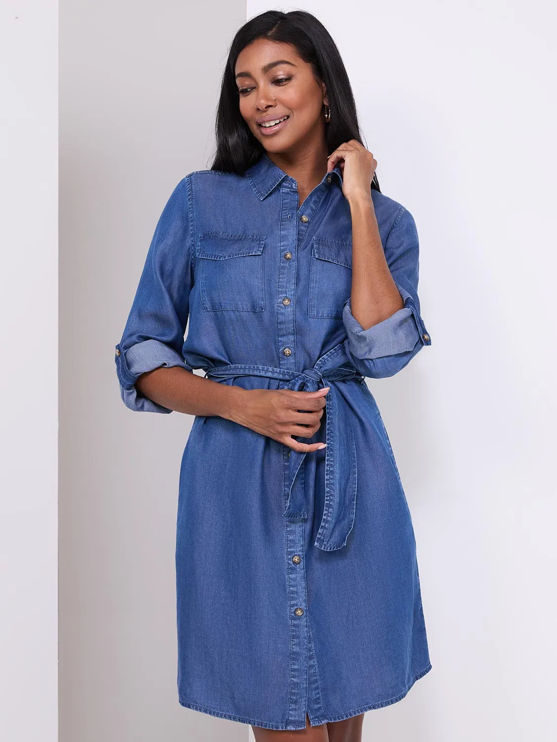 Denim Button-Front Dress With Pockets