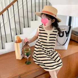 DUNNMALL  Girls Dress  New Summer Korean Style Children's Baby Western Style Fashion Summer Stripes Vest Princess Dress