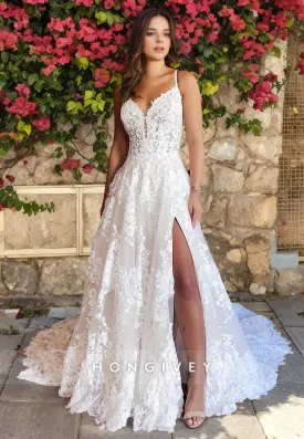 Elegant A-Line V-Neck Spaghetti Straps With Side Slit Lace Wedding Dress