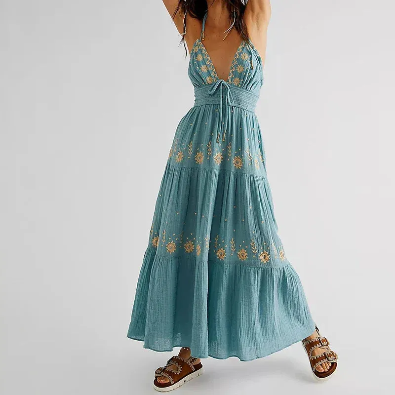 Embroidery V Neck Backless Halter Long Club Party Holiday Boho Dress