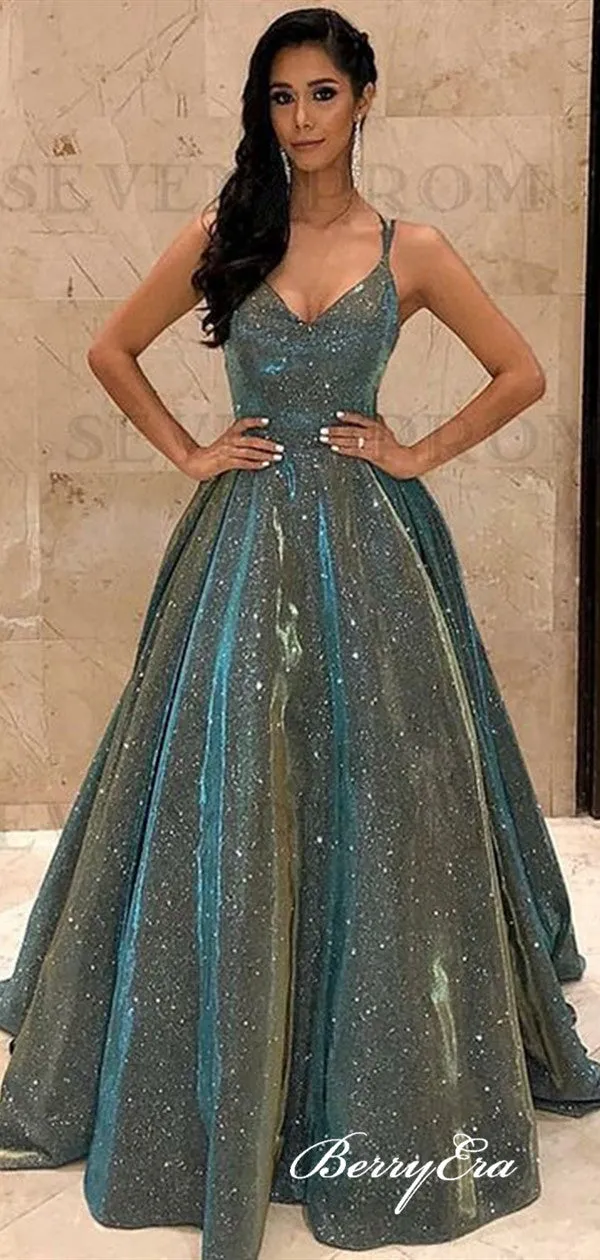 Fashion Gliiter Long Prom Dresses, Sequins A-line Prom Dresses 2020