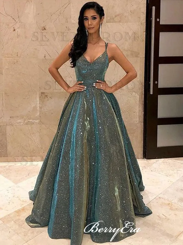 Fashion Gliiter Long Prom Dresses, Sequins A-line Prom Dresses 2020