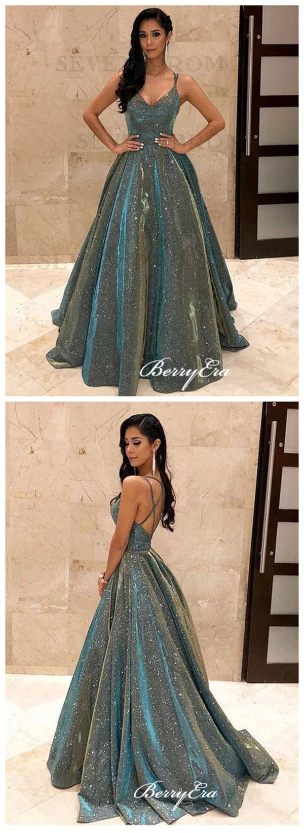 Fashion Gliiter Long Prom Dresses, Sequins A-line Prom Dresses 2020