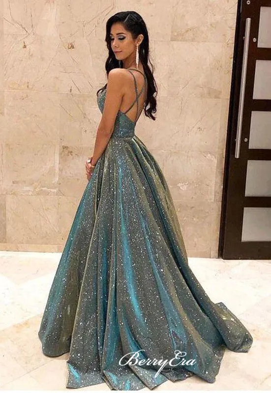 Fashion Gliiter Long Prom Dresses, Sequins A-line Prom Dresses 2020