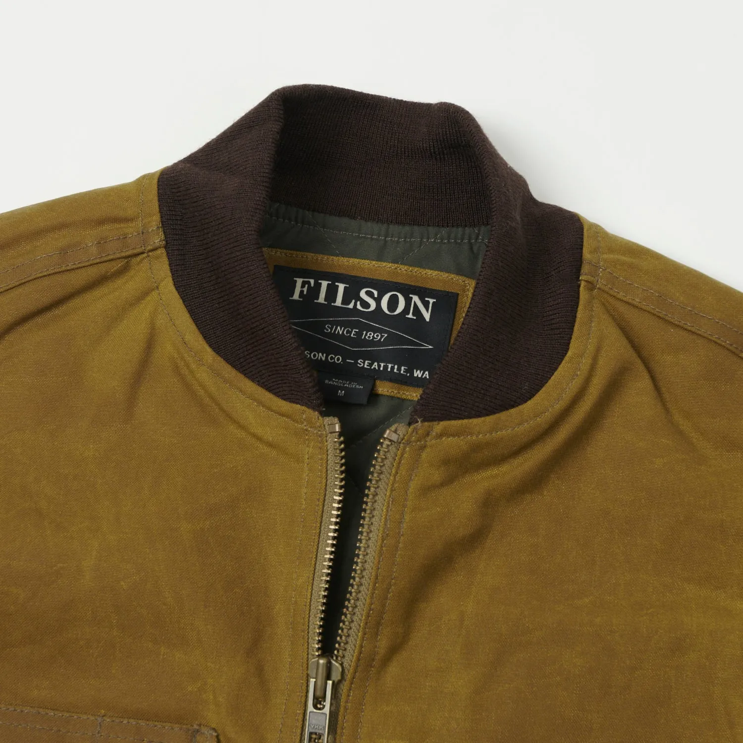 Dark Tan Filson Tin Cloth Insulated Work Vest with Modified Title