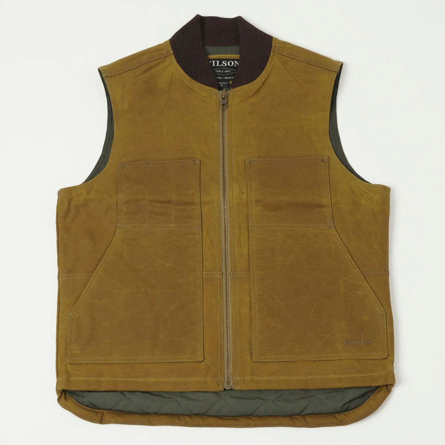 Dark Tan Filson Tin Cloth Insulated Work Vest with Modified Title