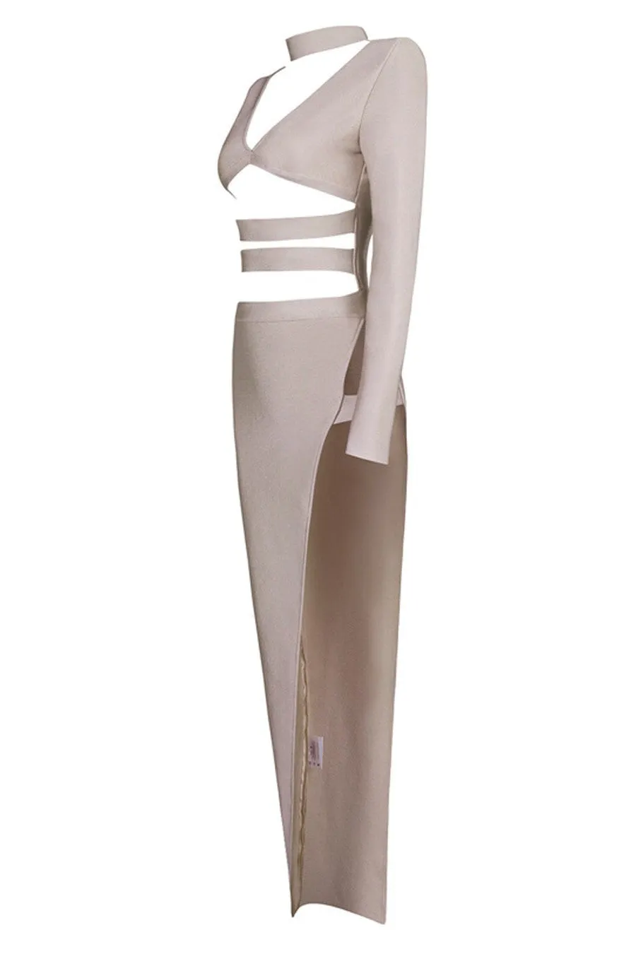 Honey Couture ROYA Taupe Silver Cut Out Bandage Maxi Dress