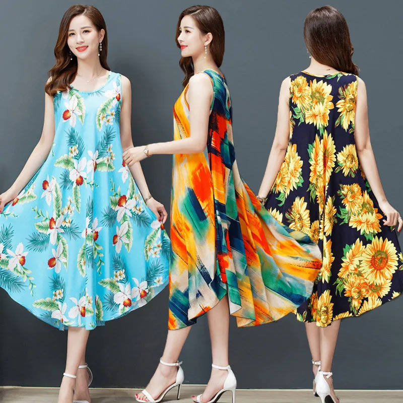 ikearlax Large Size Bourette Vest Dress Summer New Ethnic Style Women's Clothing Artistic Retro Printing Sleeveless Swing Long Dress