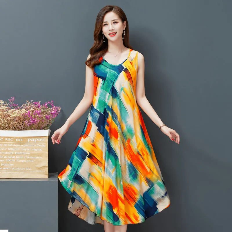 ikearlax Large Size Bourette Vest Dress Summer New Ethnic Style Women's Clothing Artistic Retro Printing Sleeveless Swing Long Dress