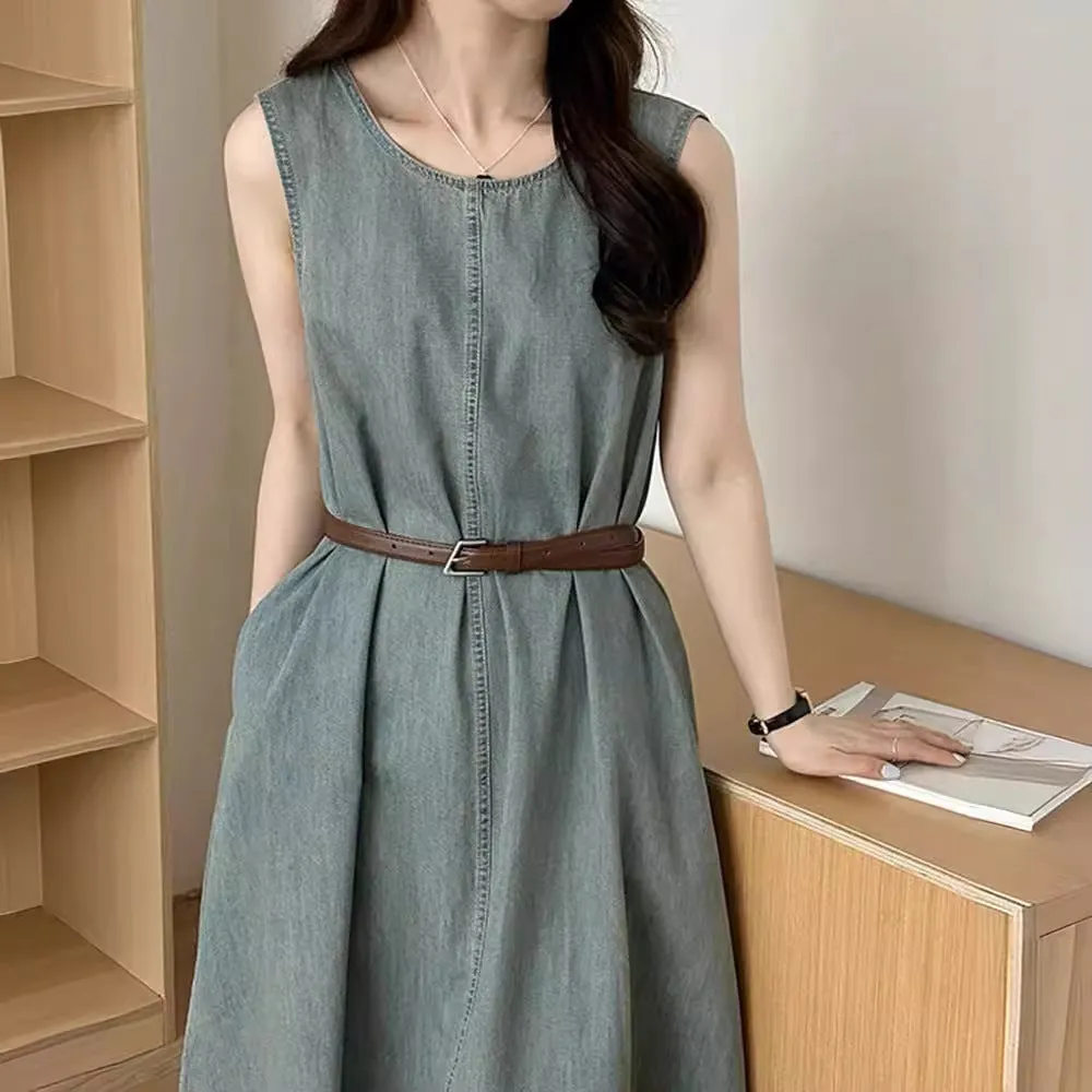 ikearlax Summer Korean Style Sleeveless Dress Women's Retro Loose Slimming U Collar Soft Denim Vest Thin Dress with Belt