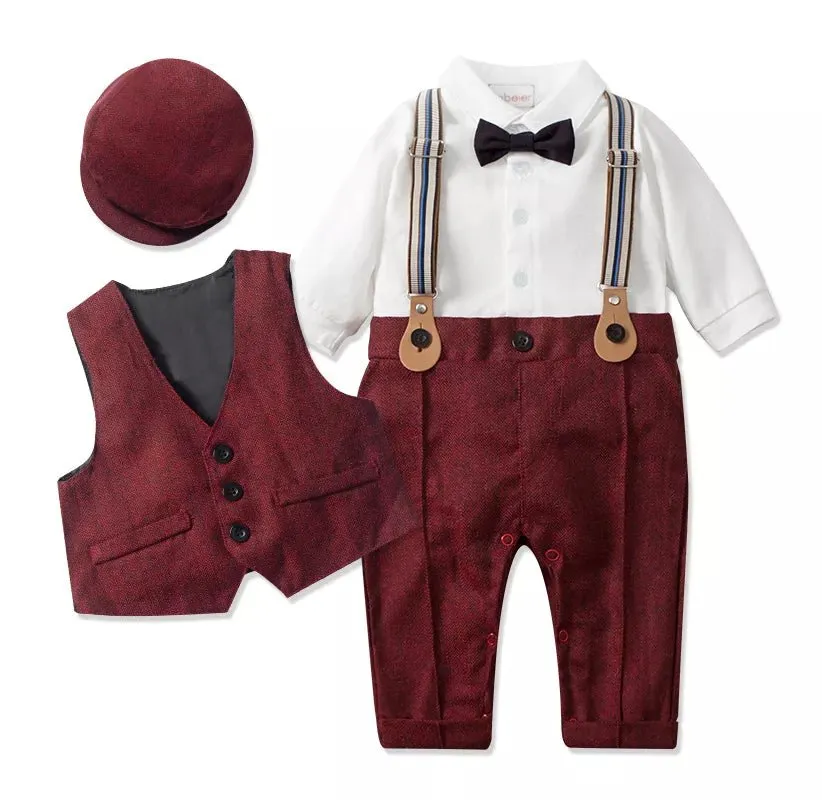 Infant Boy's Formal Cotton Romper Set with Vest and Hat