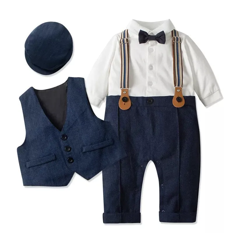 Infant Boy's Formal Cotton Romper Set with Vest and Hat