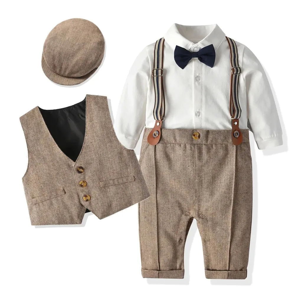 Infant Boy's Formal Cotton Romper Set with Vest and Hat