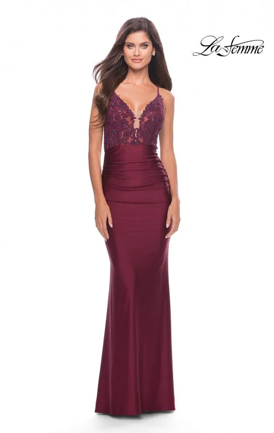 La Femme 30466 V-Neck Laced Embellished Gown With Lace Up Back