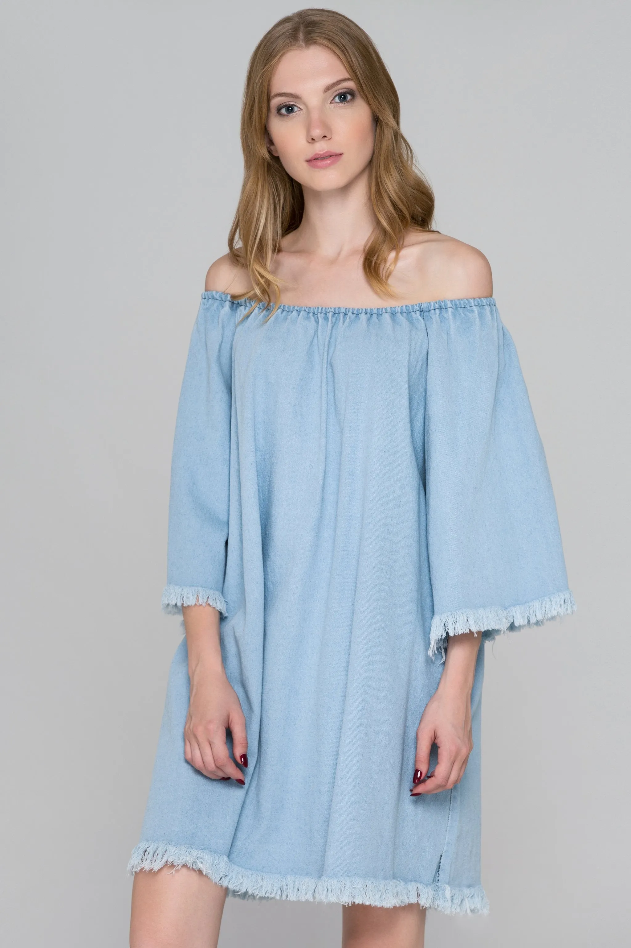 Light Blue Denim Bell Sleeve Mini Dress