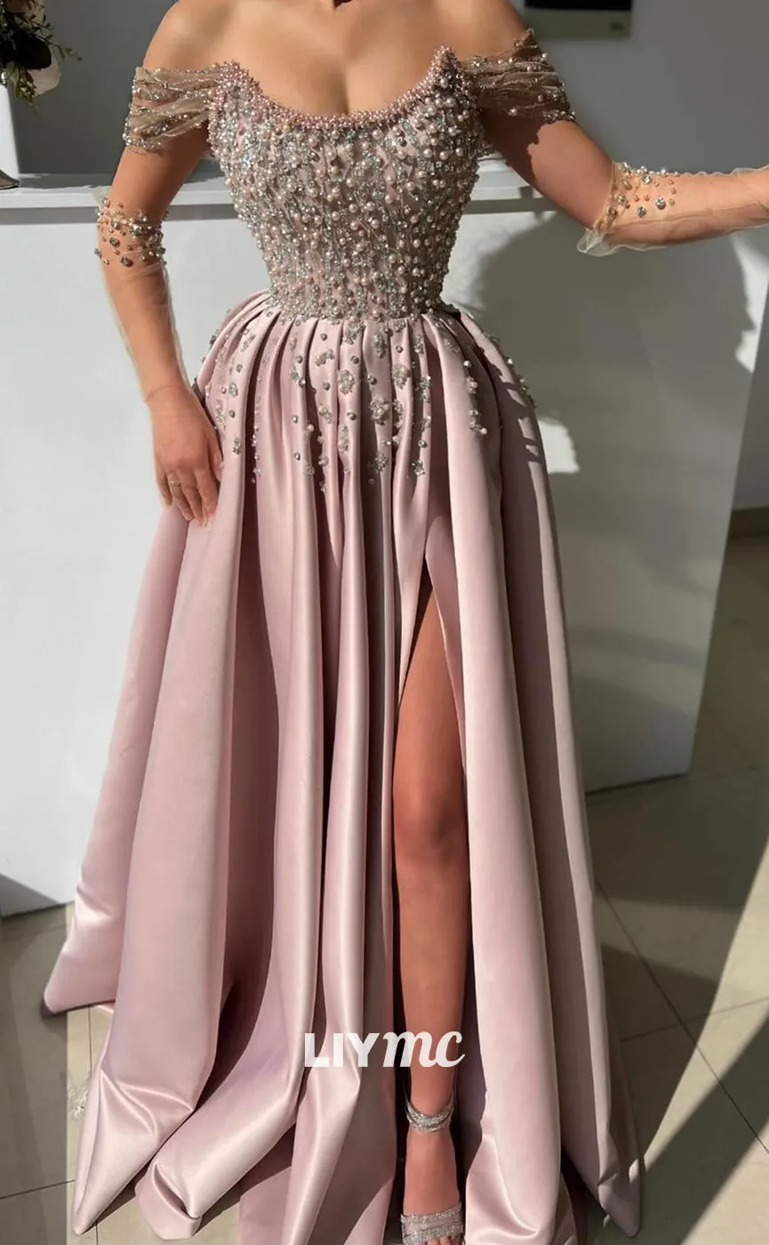 LP1387 - Off-Shoulder Pearl Besded Pleated A-Line Side Slit Burgundy Prom Dress