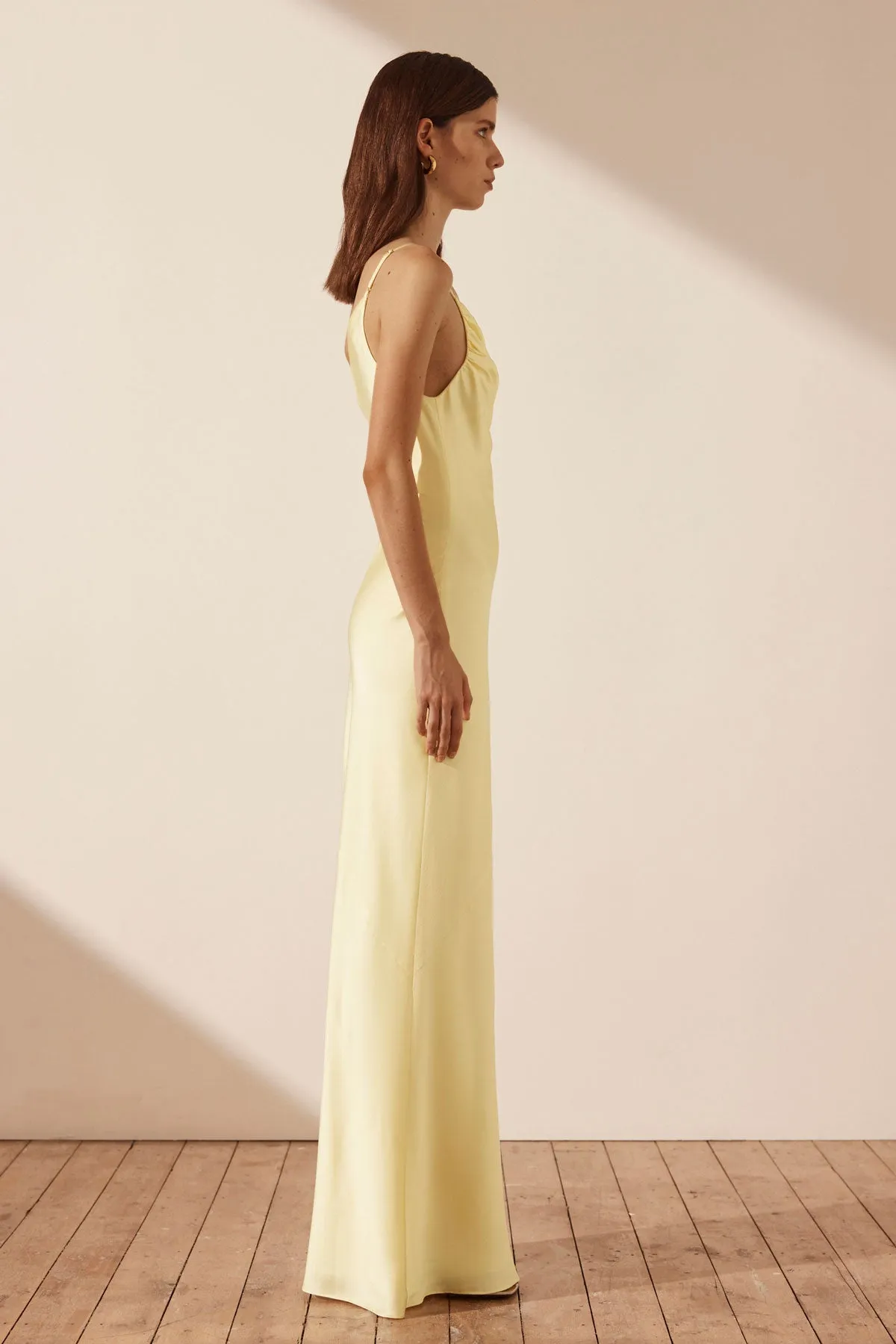 LUXE ASYMMETRICAL GATHERED MAXI DRESS - LEMON