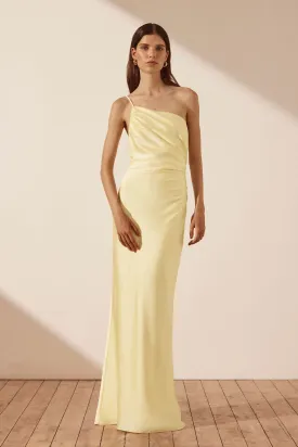 LUXE ASYMMETRICAL GATHERED MAXI DRESS - LEMON