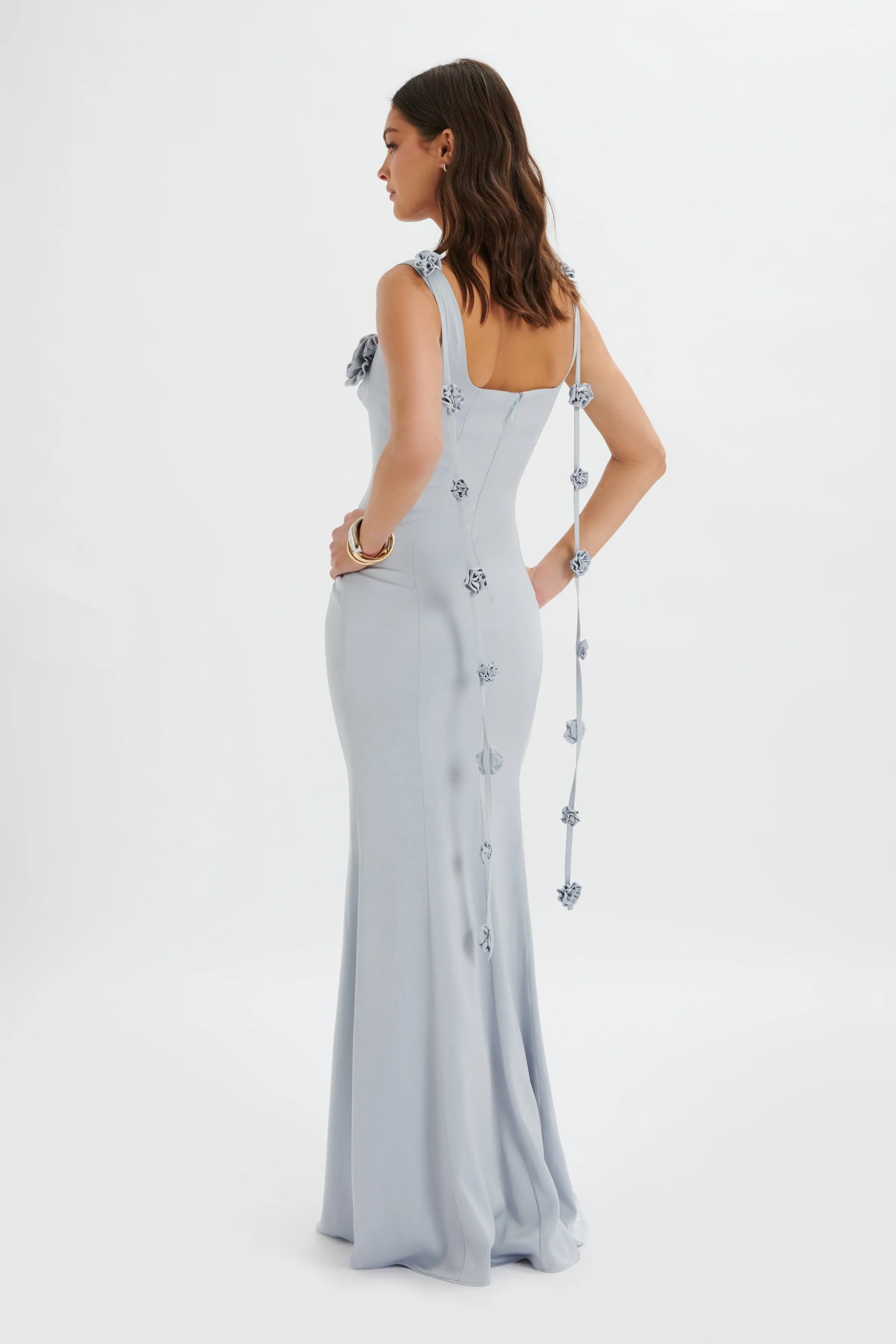 NATALYA 3D Flower Detail Satin Maxi Dress in Blue