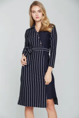 Navy Blue and White Stripes Full Sleeves Midi Dress