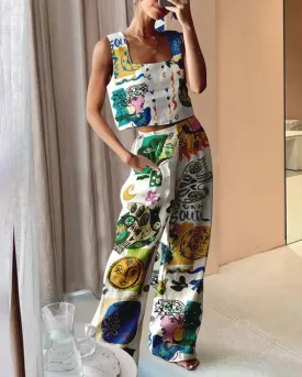 Printed Wide Leg Pants Vest Casual Two Piece Set Women