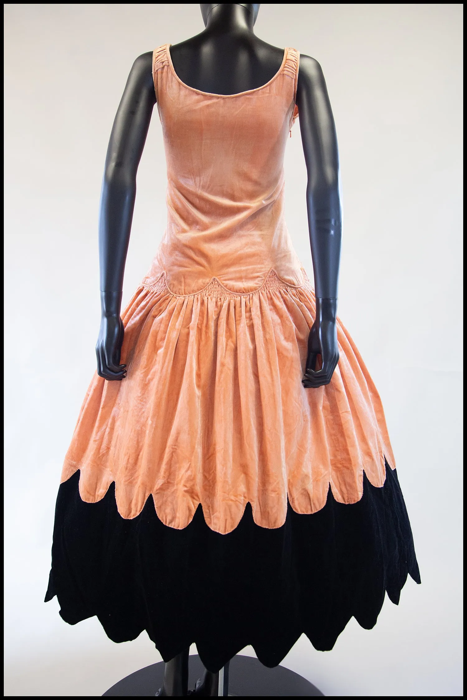 RESERVED Vintage 1920s Peach Velvet Scallop Hem Dress