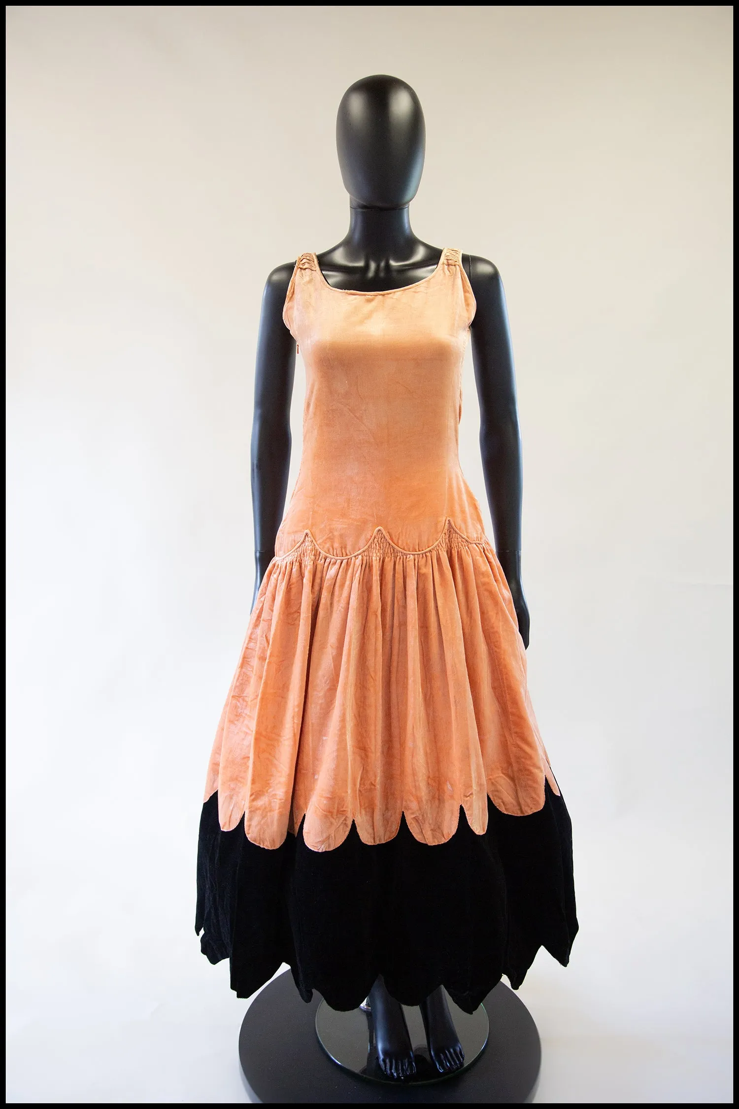 RESERVED Vintage 1920s Peach Velvet Scallop Hem Dress