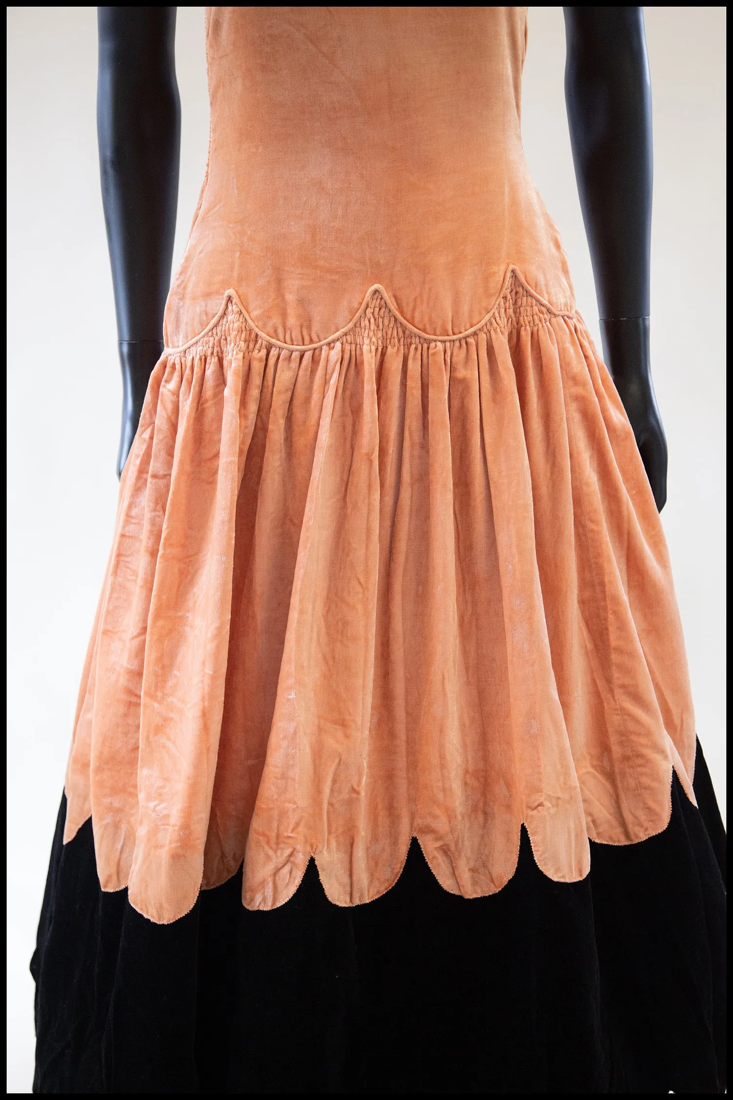 RESERVED Vintage 1920s Peach Velvet Scallop Hem Dress